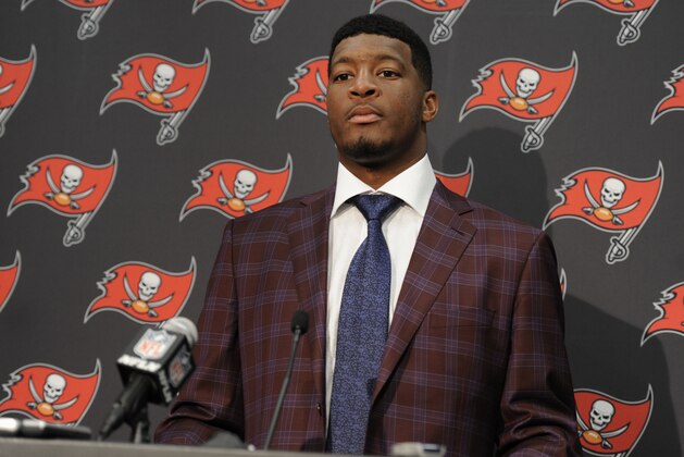 Jameis Winston answers question after an NFL football game against the Carolina Panthers in Charlotte, N.C., Sunday, Dec. 24, 2017. (AP Photo/Mike McCarn)