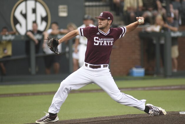 Mississippi State starting pitcher Ethan Small throws in the first inning of an NCAA college baseball super regional game against Vanderbilt, Friday, June 8, 2018, in Nashville, Tenn. (AP Photo/Mike Strasinger)