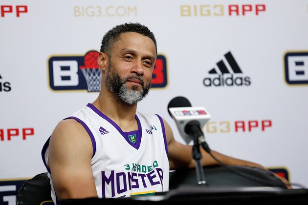 HOUSTON, TX - JUNE 22: Mahmoud Abdul-Rauf #7 of 3 Headed Monsters attends a press conference during week one of the BIG3 three on three basketball league at Toyota Center on June 22, 2018 in Houston, Texas. (Photo by Tim Warner/BIG3/Getty Images)