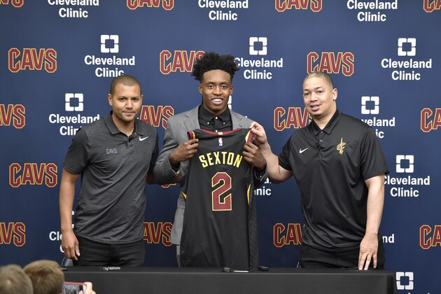 INDEPENDENCE, OH - JUNE 22: General manager Koby Altman and head coach Tyronn Lue of the Cleveland Cavaliers pose for a photo with Collin Sexton during a press conference on June 22, 2018 at the Cleveland Clinic Courts in Independence, Ohio. NOTE TO USER: User expressly acknowledges and agrees that, by downloading and/or using this photograph, user is consenting to the terms and conditions of the Getty Images License Agreement. Mandatory Copyright Notice: Copyright 2018 NBAE (Photo by David Liam Kyle/NBAE via Getty Images)