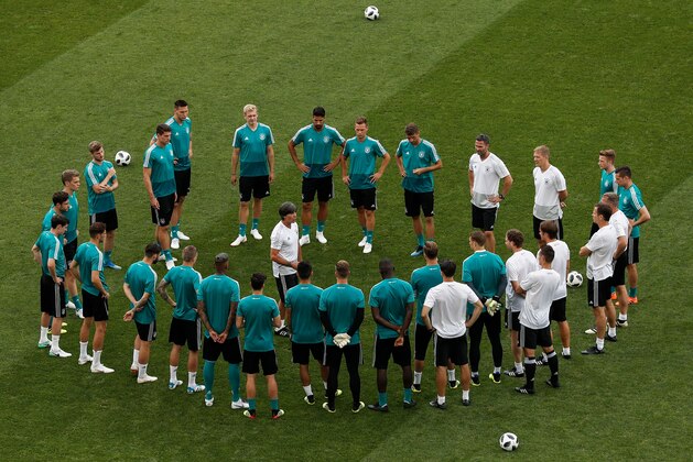 Germany's coach Joachim Loew (C) leads a training session at the Fisht Olympic Stadium in Sochi on June 22, 2018, on the eve of the Russia 2018 World Cup Group F football match between Germany and Sweden. (Photo by Adrian DENNIS / AFP)        (Photo credit should read ADRIAN DENNIS/AFP/Getty Images)