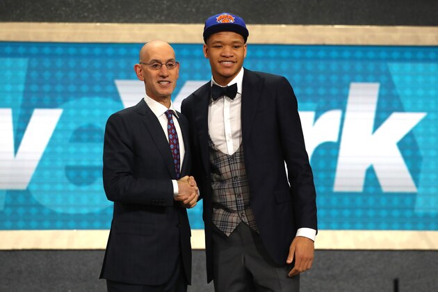 NEW YORK, NY - JUNE 21:  Kevin Knox poses with NBA Commissioner Adam Silver after being drafted ninth overall by the New York Knicks during the 2018 NBA Draft at the Barclays Center on June 21, 2018 in the Brooklyn borough of New York City. NOTE TO USER: User expressly acknowledges and agrees that, by downloading and or using this photograph, User is consenting to the terms and conditions of the Getty Images License Agreement.  (Photo by Mike Stobe/Getty Images)