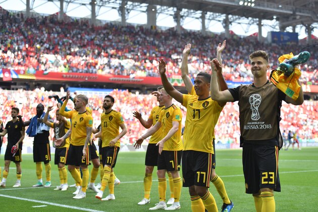 Belgium's players celebrate at the end of the Russia 2018 World Cup Group G football match between Belgium and Tunisia at the Spartak Stadium in Moscow on June 23, 2018. (Photo by Yuri CORTEZ / AFP) / RESTRICTED TO EDITORIAL USE - NO MOBILE PUSH ALERTS/DOWNLOADS        (Photo credit should read YURI CORTEZ/AFP/Getty Images)