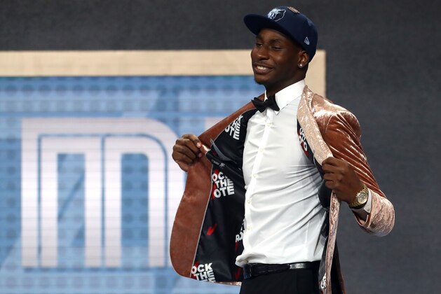 NEW YORK, NY - JUNE 21:  Jaren Jackson Jr. reacts after being drafted fourth overall by the Memphis Grizzlies during the 2018 NBA Draft at the Barclays Center on June 21, 2018 in the Brooklyn borough of New York City. NOTE TO USER: User expressly acknowledges and agrees that, by downloading and or using this photograph, User is consenting to the terms and conditions of the Getty Images License Agreement.  (Photo by Mike Stobe/Getty Images)