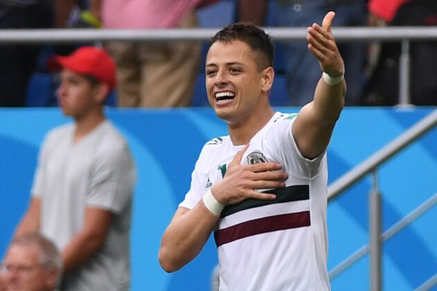 Mexico's forward Javier Hernandez celebrates scoring their second goal during the Russia 2018 World Cup Group F football match between South Korea and Mexico at the Rostov Arena in Rostov-On-Don on June 23, 2018. (Photo by Khaled DESOUKI / AFP) / RESTRICTED TO EDITORIAL USE - NO MOBILE PUSH ALERTS/DOWNLOADS        (Photo credit should read KHALED DESOUKI/AFP/Getty Images)