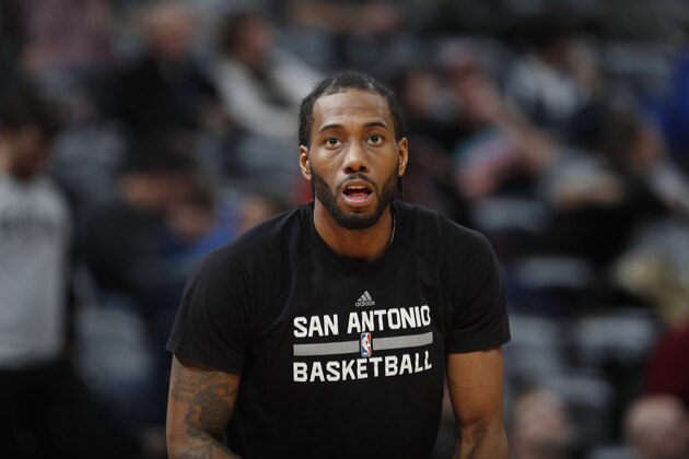 San Antonio Spurs forward Kawhi Leonard (2) in the second half of an NBA basketball game Thursday, Jan. 5, 2017, in Denver. The Spurs won 127-99. (AP Photo/David Zalubowski)