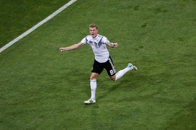 SOCHI, RUSSIA - JUNE 23:  Toni Kroos of Germany celebrates scoring his sides winning goal during the 2018 FIFA World Cup Russia group F match between Germany and Sweden at Fisht Stadium on June 23, 2018 in Sochi, Russia.  (Photo by Michael Steele/Getty Images)