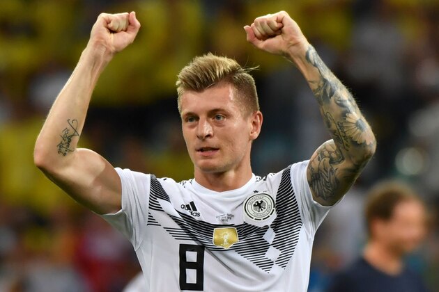 Germany's midfielder Toni Kroos celebrates scoring the 2-1 goal with his teammates during the Russia 2018 World Cup Group F football match between Germany and Sweden at the Fisht Stadium in Sochi on June 23, 2018. (Photo by Nelson Almeida / AFP) / RESTRICTED TO EDITORIAL USE - NO MOBILE PUSH ALERTS/DOWNLOADS        (Photo credit should read NELSON ALMEIDA/AFP/Getty Images)