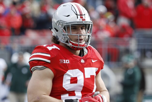COLUMBUS, OH - NOVEMBER 11: Nick Bosa #97 of the Ohio State Buckeyes looks on during a game against the Michigan State Spartans at Ohio Stadium on November 11, 2017 in Columbus, Ohio. Ohio State won 48-3. (Photo by Joe Robbins/Getty Images)