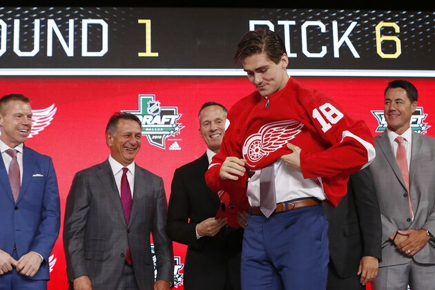 Filip Zadina (18), of the Czech Republic, puts on a jersey after being selected by the Detroit Red Wings during the NHL hockey draft in Dallas, Friday, June 22, 2018. (AP Photo/Michael Ainsworth)