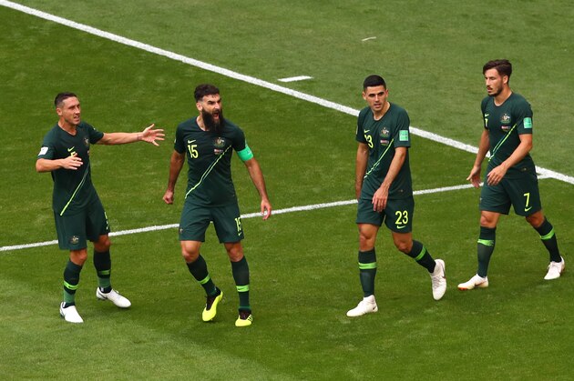SAMARA, RUSSIA - JUNE 21:  Mile Jedinak of Australia celebrates after scoring his team's first goal during the 2018 FIFA World Cup Russia group C match between Denmark and Australia at Samara Arena on June 21, 2018 in Samara, Russia.  (Photo by Dean Mouhtaropoulos/Getty Images)
