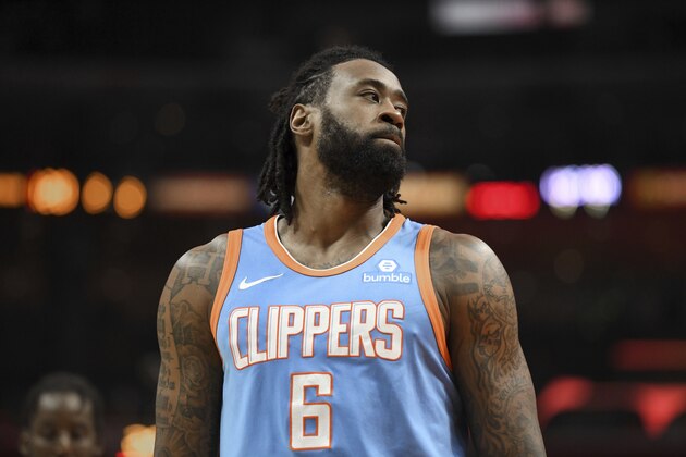 Los Angeles Clippers center DeAndre Jordan (6) looks on as the Portland Trail Blazers extend their lead during an NBA basketball game, Sunday, March 18, 2018, in Los Angeles. (AP Photo/Michael Owen Baker)