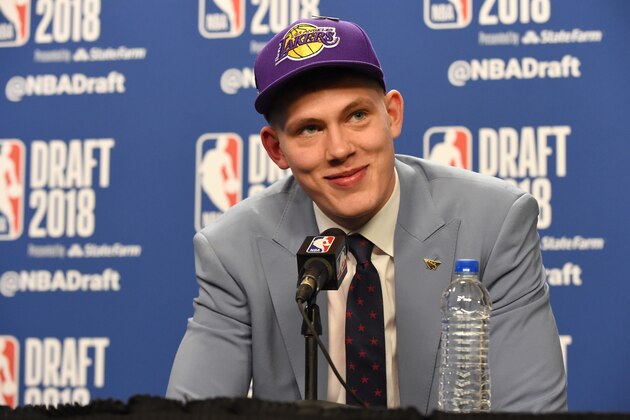 BROOKLYN, NY - JUNE 21: Moritz Wagner speaks to the media after being selected by the Los Angeles Lakers at the 2018 NBA Draft on June 21, 2018 at the Barclays Center in Brooklyn, New York. NOTE TO USER: User expressly acknowledges and agrees that, by downloading and/or using this photograph, user is consenting to the terms and conditions of the Getty Images License Agreement. Mandatory Copyright Notice: Copyright 2018 NBAE (Photo by Kostas Lymperopoulos/NBAE via Getty Images)