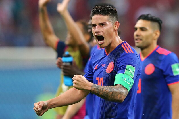 KAZAN, RUSSIA - JUNE 24:  James Rodriguez of Colombia celebrates following his sides victory in the 2018 FIFA World Cup Russia group H match between Poland and Colombia at Kazan Arena on June 24, 2018 in Kazan, Russia.  (Photo by Alex Livesey/Getty Images)