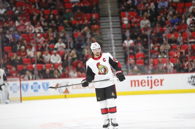 Ottawa Senators defenseman Erik Karlsson (65) skates against the Detroit Red Wings in the first period of an NHL hockey game Wednesday, Jan. 3, 2018, in Detroit. (AP Photo/Paul Sancya)