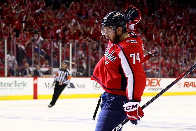 WASHINGTON, DC - JUNE 04:  John Carlson #74 of the Washington Capitals celebrates his second-period goal against the Vegas Golden Knights in Game Four of the 2018 NHL Stanley Cup Final at Capital One Arena on June 4, 2018 in Washington, DC.  (Photo by Gregory Shamus/Getty Images)