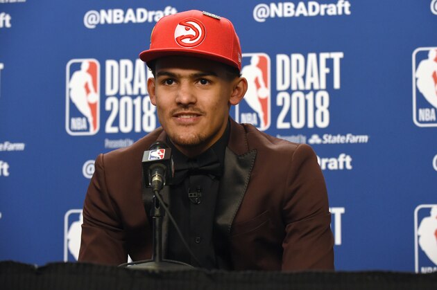 BROOKLYN, NY - JUNE 21: Trae Young speaks to the media after being selected fifth overall at the 2018 NBA Draft on June 21, 2018 at the Barclays Center in Brooklyn, New York. NOTE TO USER: User expressly acknowledges and agrees that, by downloading and/or using this photograph, user is consenting to the terms and conditions of the Getty Images License Agreement. Mandatory Copyright Notice: Copyright 2018 NBAE (Photo by Kostas Lymperopoulos/NBAE via Getty Images)