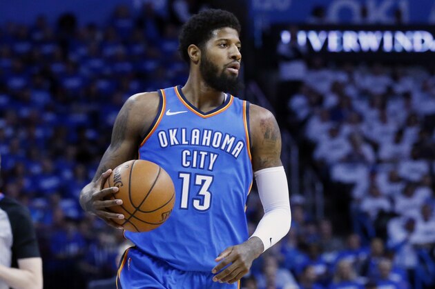 Oklahoma City Thunder forward Paul George (13) during Game 5 of an NBA basketball first-round playoff series between the Utah Jazz and the Oklahoma City Thunder n Oklahoma City, Wednesday, April 25, 2018. (AP Photo/Sue Ogrocki) Oklahoma City Thunder forward Paul George (13) during Game 5 of an NBA basketball first-round playoff series between the Utah Jazz and the Oklahoma City Thunder n Oklahoma City, Wednesday, April 25, 2018. (AP Photo/Sue Ogrocki)