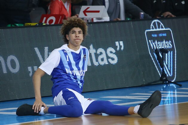 PRIENAI, LITHUANIA - JANUARY 09:  LaMelo Ball of Vytautas Prienai prior to the match between Vytautas Prienai and Zalgiris Kauno on January 9, 2018 in Prienai, Lithuania.  (Photo by Alius Koroliovas/Getty Images)
