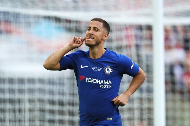 LONDON, ENGLAND - MAY 19:  Eden Hazard of Chelsea celebrates scoring a goal to make the score 1-0 during the Emirates FA Cup Final between Chelsea and Manchester United at Wembley Stadium on May 19, 2018 in London, England. (Photo by Matthew Ashton - AMA/Getty Images)
