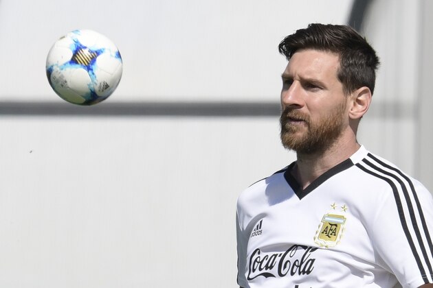 Argentina's forward Lionel Messi eyes a small ball during a training session at the team's base camp in Bronnitsy, on June 25, 2018 on the eve of the team's third game as part of the Russia 2018 World Cup Group D football match. (Photo by JUAN MABROMATA / AFP)        (Photo credit should read JUAN MABROMATA/AFP/Getty Images)