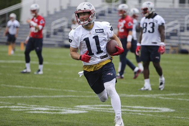 New England Patriots wide receiver Julian Edelman (11) runs after catching a pass during an NFL football minicamp practice, Wednesday, June 6, 2018, in Foxborough, Mass. (AP Photo/Elise Amendola)