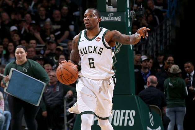 MILWAUKEE, WI - APRIL 26:  Eric Bledsoe #6 of the Milwaukee Bucks handles the ball against the Boston Celtics in Game Six of the Round One of the 2018 NBA Playoffs on April 26, 2018 at the BMO Harris Bradley Center in Milwaukee, Wisconsin. NOTE TO USER: User expressly acknowledges and agrees that, by downloading and or using this Photograph, user is consenting to the terms and conditions of the Getty Images License Agreement. Mandatory Copyright Notice: Copyright 2018 NBAE (Photo by Gary Dineen/NBAE via Getty Images)