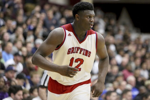 Spartanburg Day's Zion Williamson #12 in action against Chino Hills during a high school basketball game at the Hoophall Classic, Saturday, January 13, 2018, in Springfield,MA. Chino Hills won the game. (AP Photo/Gregory Payan)