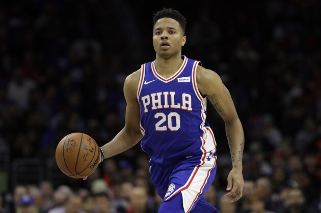 Philadelphia 76ers' Markelle Fultz in action during an NBA basketball game against the Denver Nuggets, Monday, March 26, 2018, in Philadelphia. (AP Photo/Matt Slocum)