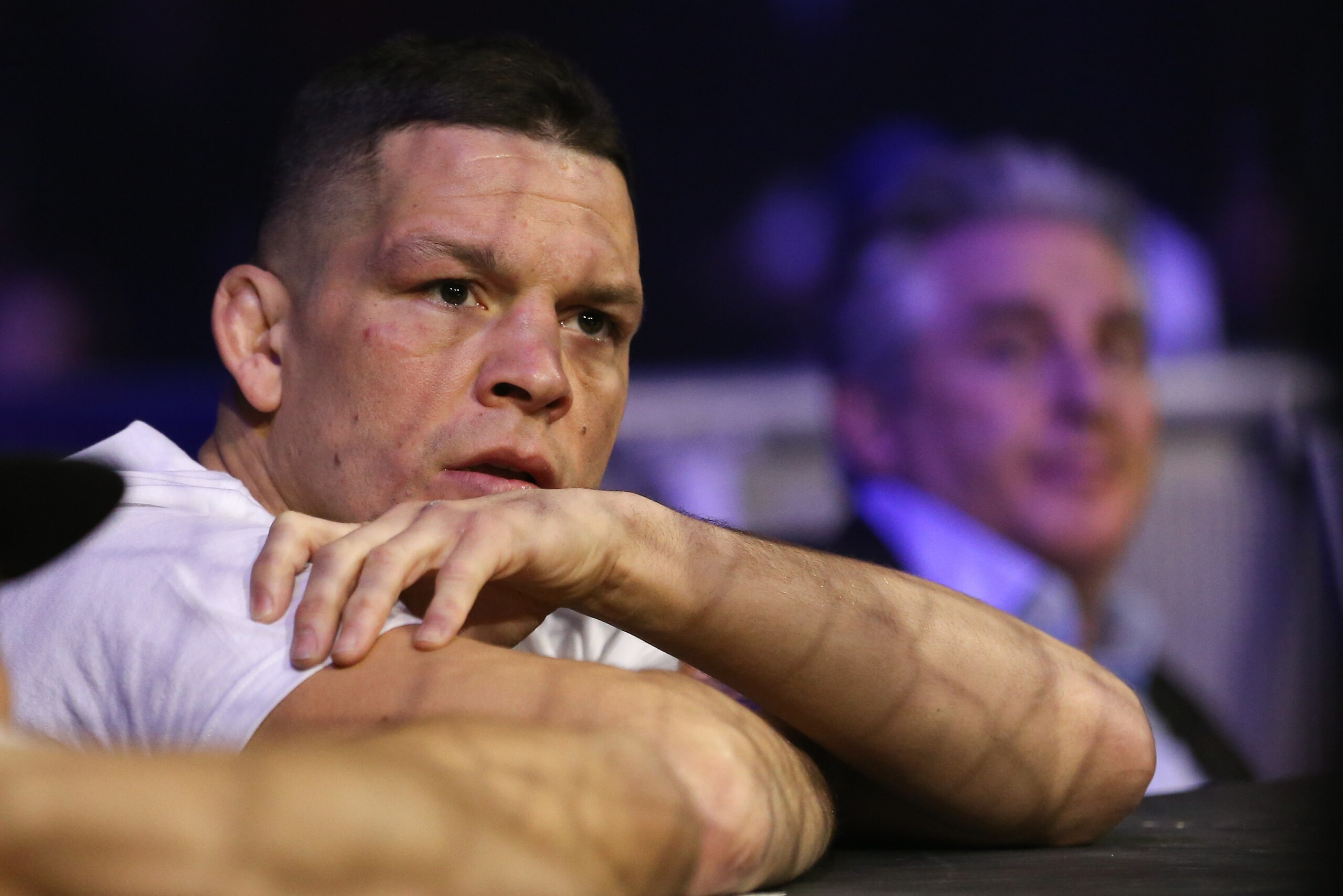 NEW YORK, NY - DECEMBER 31: Nate Diaz in the corner of Jake Shields (not shown) during Shields' World Series of Fighting welterweight championship fight against Jon Fitch at The Theater at Madison Square Garden on December 31, 2016 in New York City. (Photo by Ed Mulholland/Getty Images)