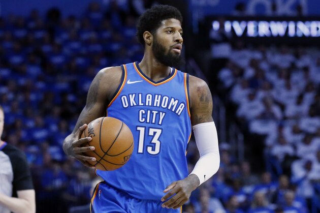 Oklahoma City Thunder forward Paul George (13) during Game 5 of an NBA basketball first-round playoff series between the Utah Jazz and the Oklahoma City Thunder n Oklahoma City, Wednesday, April 25, 2018. (AP Photo/Sue Ogrocki)