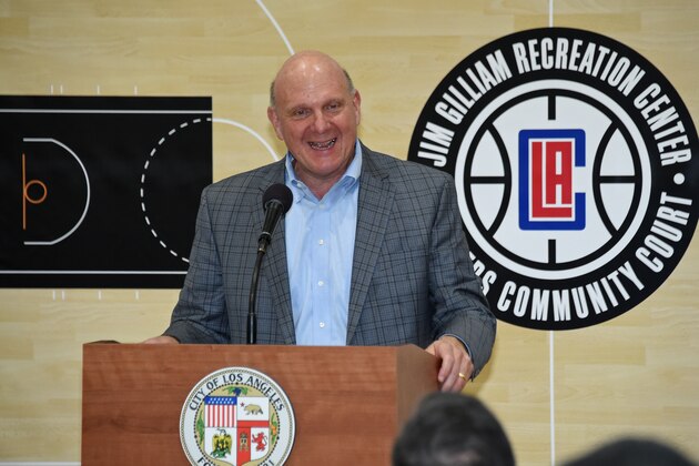 LOS ANGELES, CA - APRIL 02: Owner of the LA Clippers, Steve Ballmer participates in the announcement of a major gift to renovate nearly 350 public basketball courts in the city at Jim Gilliam Recreation Center on April 02, 2018 in Los Angeles, California. NOTE TO USER: User expressly acknowledges and agrees that, by downloading and/or using this Photograph, user is consenting to the terms and conditions of the Getty Images License Agreement. Mandatory Copyright Notice: Copyright 2018 NBAE (Photo by Adam Pantozzi/NBAE via Getty Images)