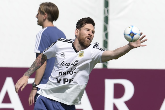 Argentina's forward Lionel Messi stops a mini ball during a training session at the team's base camp in Bronnitsy, on June 25, 2018 on the eve of the team's third game as part of the Russia 2018 World Cup Group D football match. (Photo by JUAN MABROMATA / AFP)        (Photo credit should read JUAN MABROMATA/AFP/Getty Images)
