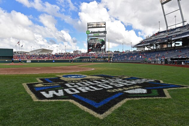 Omaha, NE - JUNE 25:  A general view of TD Ameritrade Park as the grounds crew gets the field ready for game one of the College World Series Championship Series between the Arkansas Razorbacks and the Oregon State Beavers on June 25, 2018 at in Omaha, Nebraska.  (Photo by Peter Aiken/Getty Images)