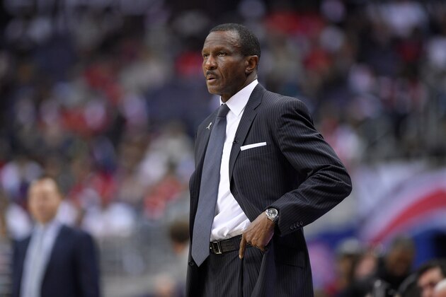 Toronto Raptors head coach Dwane Casey looks on during the second half of Game 4 of an NBA basketball first-round playoff series against the Washington Wizards, Sunday, April 22, 2018, in Washington. The Wizards won 106-98. (AP Photo/Nick Wass)