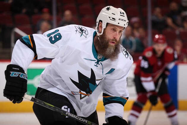 GLENDALE, AZ - JANUARY 16: Joe Thornton #19 of the San Jose Sharks awaits a face off during the NHL game against the Arizona Coyotes at Gila River Arena on January 16, 2018 in Glendale, Arizona. The Sharks defeated the Coyotes 3-2 in an overtime shootout.  (Photo by Christian Petersen/Getty Images)
