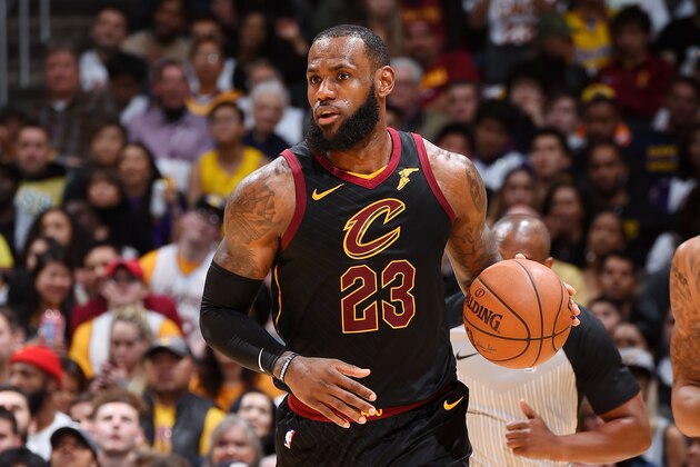 LOS ANGELES, CA - MARCH 11: LeBron James #23 of the Cleveland Cavaliers handles the ball against the Los Angeles Lakers on March 11, 2018 at STAPLES Center in Los Angeles, California. NOTE TO USER: User expressly acknowledges and agrees that, by downloading and/or using this Photograph, user is consenting to the terms and conditions of the Getty Images License Agreement. Mandatory Copyright Notice: Copyright 2018 NBAE (Photo by Andrew D. Bernstein/NBAE via Getty Images)