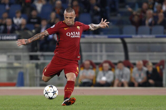 Roma's Radja Nainggolan kicks the ball during the Champions League semifinal second leg soccer match between Roma and Liverpool at the Olympic Stadium in Rome, Wednesday, May 2, 2018. (AP Photo/Riccardo De Luca)