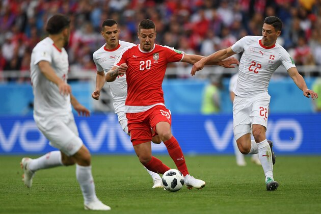 Serbia's midfielder Sergej Milinkovic-Savic (C) controls the ball during their Russia 2018 World Cup Group E football match between Serbia and Switzerland at the Kaliningrad Stadium in Kaliningrad on June 22, 2018. (Photo by OZAN KOSE / AFP) / RESTRICTED TO EDITORIAL USE - NO MOBILE PUSH ALERTS/DOWNLOADS        (Photo credit should read OZAN KOSE/AFP/Getty Images)