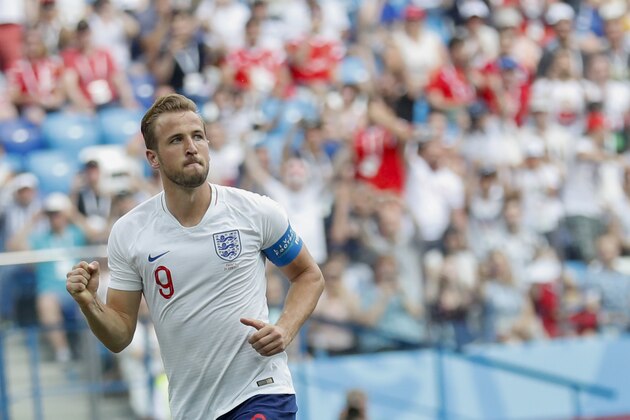 England's Harry Kane celebrates after he scored his side's fith goal during the group G match between England and Panama at the 2018 soccer World Cup at the Nizhny Novgorod Stadium in Nizhny Novgorod , Russia, Sunday, June 24, 2018. (AP Photo/Antonio Calanni)