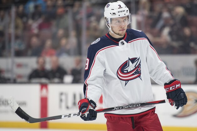 Columbus Blue Jackets left wing Artemi Panarin in the first period of an NHL hockey game against the Anaheim Ducks in Anaheim, Calif., Friday, March 2, 2018. (AP Photo/Kyusung Gong)