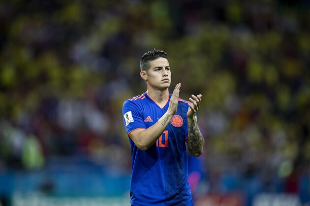 KAZAN, RUSSIA - JUNE 24:  James Rodriguez of Colombia  in action during the 2018 FIFA World Cup Russia Group H match between Poland and Colombia at the Kazan Arena in Kazan, Russia on June 24, 2018.  (Photo by Fred Lee/Getty Images)