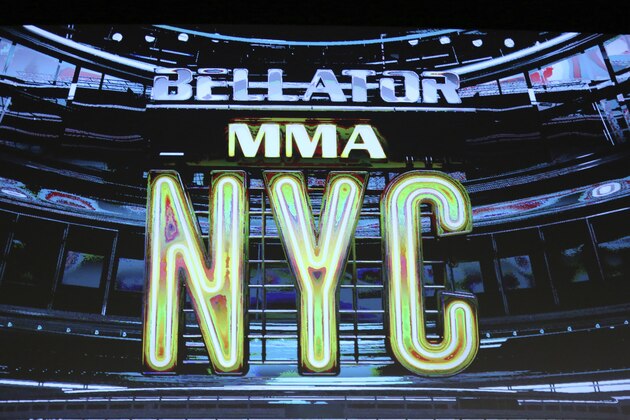 A Bellator MMA NYC logo is seen during a weigh-in before Bellator 180 on Friday, June 23, 2017, in New York. (AP Photo/Gregory Payan)