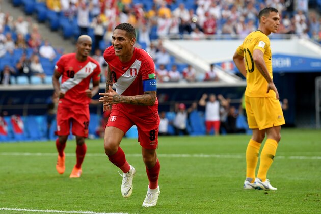 SOCHI, RUSSIA - JUNE 26:  Paolo Guerrero of Peru celebrates after scoring his team's second goal during the 2018 FIFA World Cup Russia group C match between Australia and Peru at Fisht Stadium on June 26, 2018 in Sochi, Russia.  (Photo by Stu Forster/Getty Images)