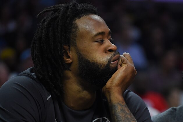 LOS ANGELES, CA - APRIL 09:  DeAndre Jordan #6 of the Los Angeles Clippers looks on from the bench in the second half of the game against the New Orleans Pelicans at Staples Center on April 9, 2018 in Los Angeles, California.  NOTE TO USER: User expressly acknowledges and agrees that, by downloading and or using this photograph, User is consenting to the terms and conditions of the Getty Images License Agreement.  (Photo by Jayne Kamin-Oncea/Getty Images)