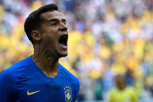 TOPSHOT - Brazil's forward Philippe Coutinho celebrates scoring the opening goal during the Russia 2018 World Cup Group E football match between Brazil and Costa Rica at the Saint Petersburg Stadium in Saint Petersburg on June 22, 2018. (Photo by CHRISTOPHE SIMON / AFP) / RESTRICTED TO EDITORIAL USE - NO MOBILE PUSH ALERTS/DOWNLOADS        (Photo credit should read CHRISTOPHE SIMON/AFP/Getty Images)