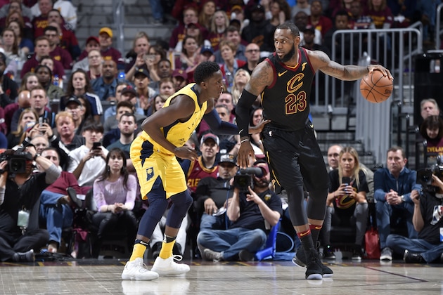 CLEVELAND, OH - APRIL 25: LeBron James #23 of the Cleveland Cavaliers handles the ball against Victor Oladipo #4 of the Indiana Pacers in Game Five of Round One of the 2018 NBA Playoffs between the Indiana Pacers and Cleveland Cavaliers on April 25, 2018 at Quicken Loans Arena in Cleveland, Ohio. NOTE TO USER: User expressly acknowledges and agrees that, by downloading and/or using this Photograph, user is consenting to the terms and conditions of the Getty Images License Agreement. Mandatory Copyright Notice: Copyright 2018 NBAE  (Photo by David Liam Kyle/NBAE via Getty Images)