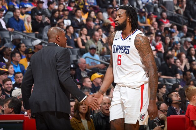 LOS ANGELES, CA - APRIL 11: Head Coach Doc Rivers and DeAndre Jordan #6 of the LA Clippers during the game against the Los Angeles Lakers on April 11, 2018 at STAPLES Center in Los Angeles, California. NOTE TO USER: User expressly acknowledges and agrees that, by downloading and/or using this photograph, user is consenting to the terms and conditions of the Getty Images License Agreement. Mandatory Copyright Notice: Copyright 2018 NBAE (Photo by Adam Pantozzi/NBAE via Getty Images)