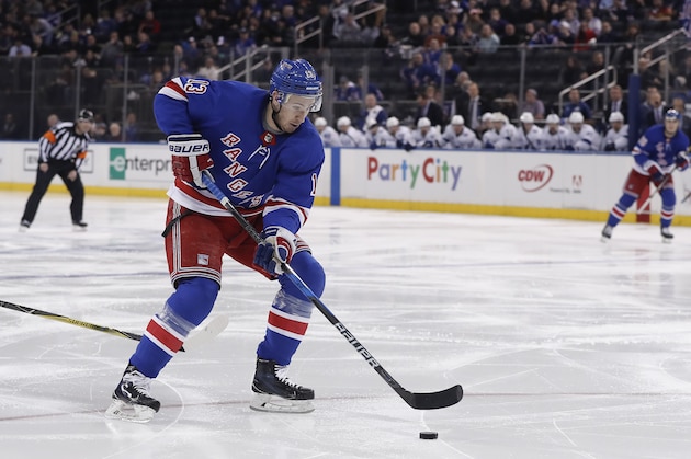 New York Rangers center Kevin Hayes (13) brings the puck up ice against the Tampa Bay Lightning during the second period of an NHL hockey game, Friday, March 30, 2018, in New York. (AP Photo/Julie Jacobson) New York Rangers center Kevin Hayes (13) brings the puck up ice against the Tampa Bay Lightning during the second period of an NHL hockey game, Friday, March 30, 2018, in New York. (AP Photo/Julie Jacobson)
