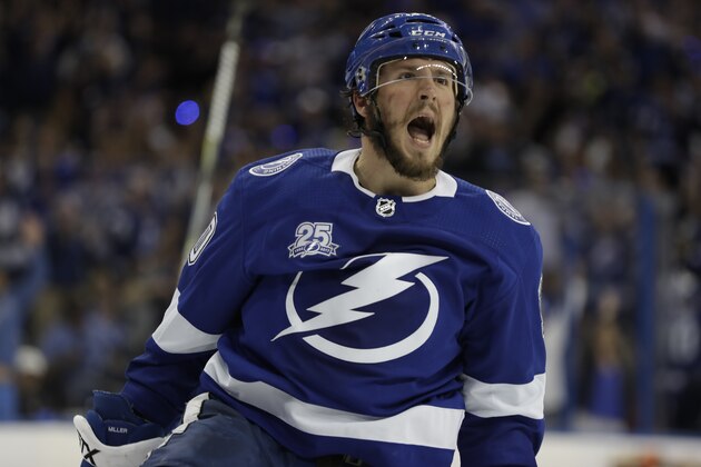 Tampa Bay Lightning center J.T. Miller (10) celebrates his goal against the Boston Bruins during the second period of Game 5 of an NHL second-round hockey playoff series Sunday, May 6, 2018, in Tampa, Fla. (AP Photo/Chris O'Meara)